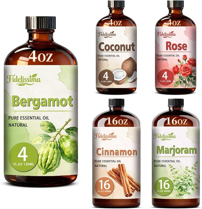 Fidelissima Natural Essential Oil Set,5 Scents Gift Kit–Bergamot,Coconut,Rose,Cinnamon,Marjoram,Fragrance Oil for Diffuser,Candle Soap Making,Personal Care with Glass Dropper