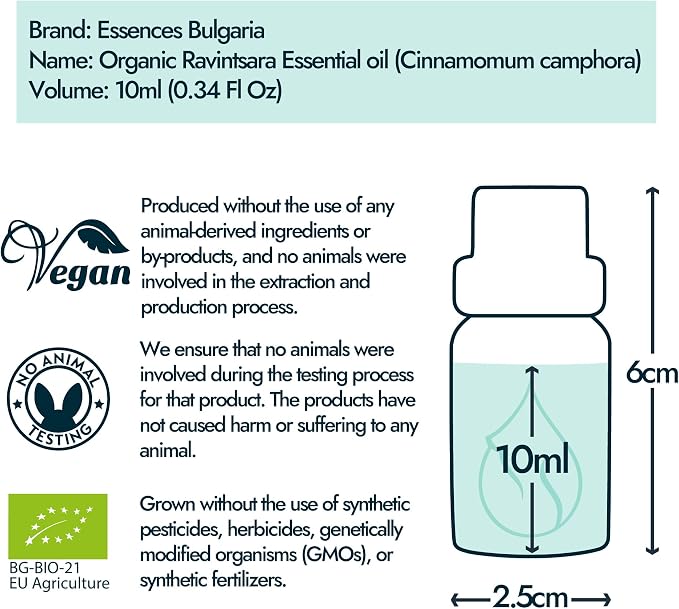 Essences Bulgaria Organic Ravintsara Essential Oil 0.34 Fl Oz | 10ml | Cinnamomum camphora | 100% Pure and Natural | Undiluted | Therapeutic Grade | Aromatherapy | Cosmetics | Cruelty Free | Non-GMO