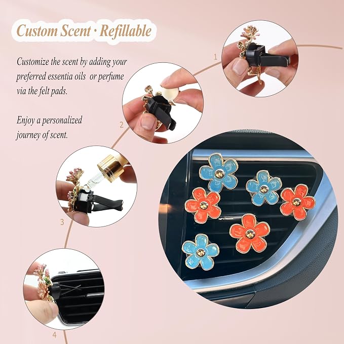ORIESSE Flower Car Accessories,6pcs Daisy Car Air Freshener Vent Clips,3.3cm/3cm Blue Orange Flowers Decor,Refillable Diffusers for Women
