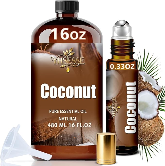 Coconut Essential Oil, Coconut Oil 16 Fl Oz 480ml for Diffuser Yoga Soap & Candle Making – with 0.33 Oz Roller Ball & Funnel YHSESSE Essential Oils