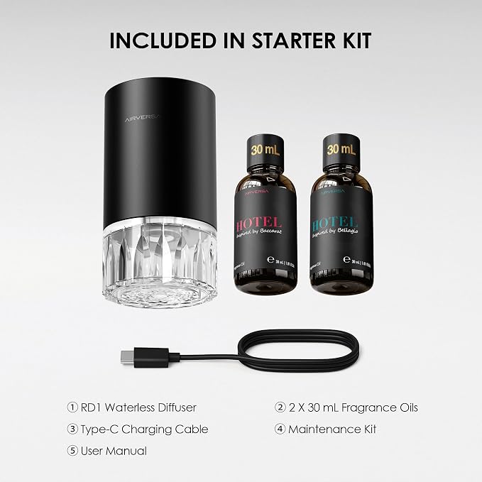 Airversa Waterless Essential Oil Diffuser Starter Kit with 2x30mL Hotel Scent Fragrance Oil for Home Room Desk Car, Battery Operated Scent Air Freshener Diffuser, 100mL Capacity, RD1 Kit Black