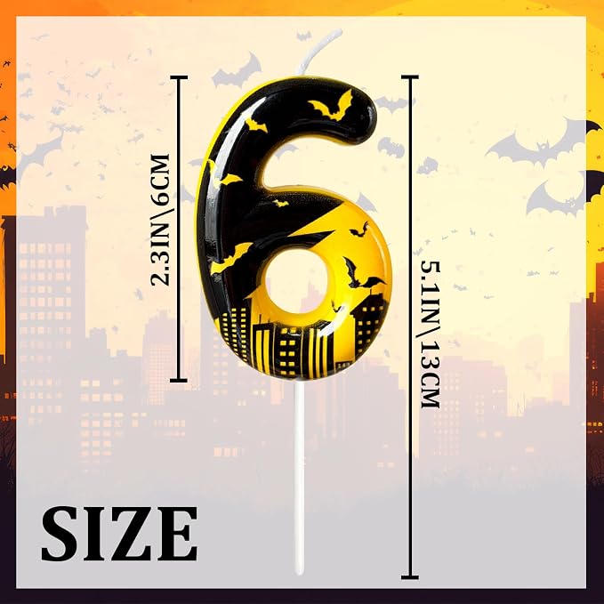 Black Yellow Number 6 Birthday Candle for Cake – Dark Night Hero Style with Bat & City Silhouette Design – Unique Cake Topper for Birthday, Anniversary, Themed Party Decoration