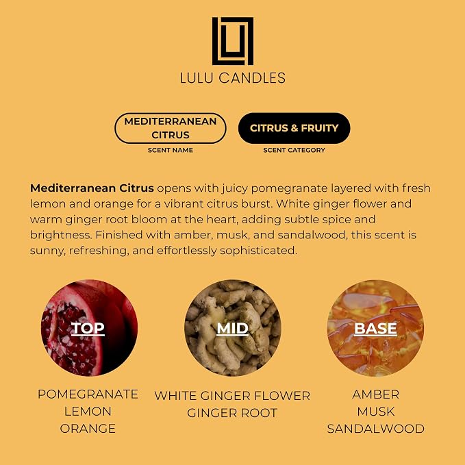 Lulu Candles | Mediterranean Citrus | Smells Fresh & Sweet | Luxury Scented Soy Jar Candle | Hand Poured in The USA | Highly Scented Long Lasting (9 Oz.)