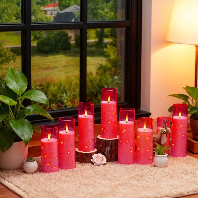 Eebuss Flameless Candles with Embedded Star String, Battery Operated LED Pillar Candles with Timer and Remote Control,Home Decorating for Ambiance， Set of 7 (Pink)