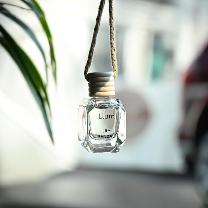 Llum Lily Sandal Hanging Car Air Freshener – Luxury Automotive Perfume Diffuser 10ml (0.34 fl oz), Long-Lasting Fragrance, Alcohol-Free Non-Toxic Car Scent, Glass Bottle With Wood Cap & AC Vent Clip