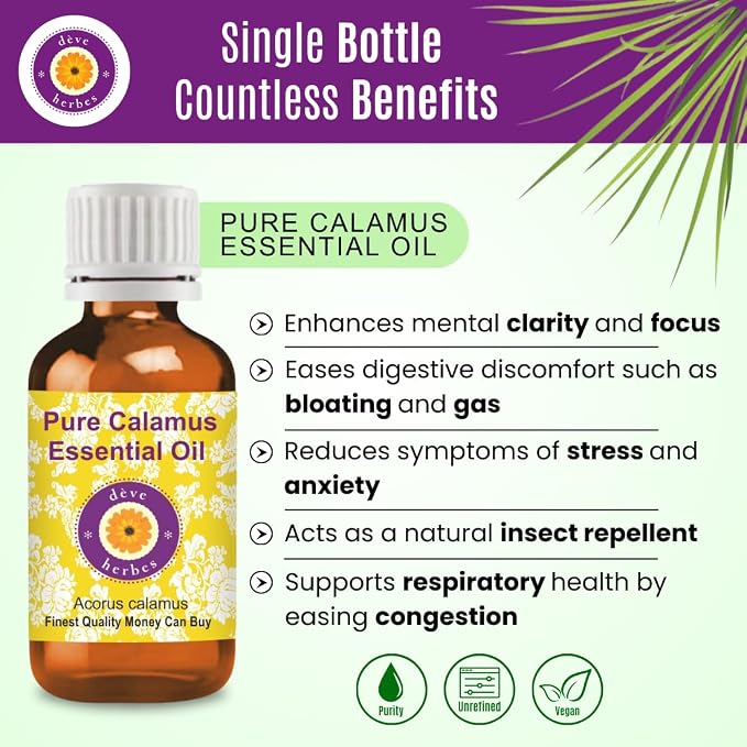 dève herbes Calamus Essential Oil (Acorus Calamus) Pure | Non-Sticky | Non-Greasy | Lightweight | Men & Women | All Skin Types | Steam Distilled 100ml (3.38 oz)