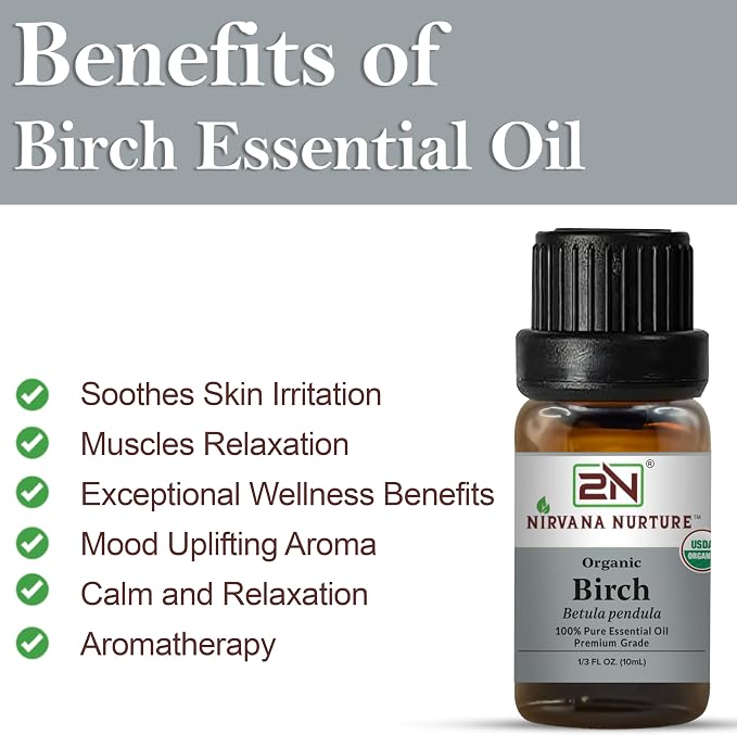 Birch Essential Oil, USDA Certified Organic, 100% Pure Undiluted, Aromatherapy Oil for Diffuser, Hair & Skin Care