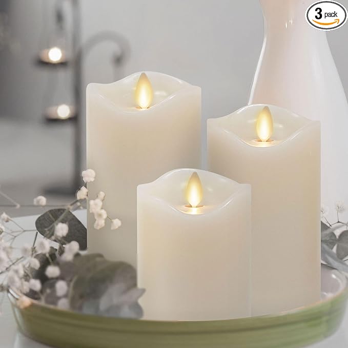 Matchless Candle Co. by Luminara Set of 3 Flameless LED Pillar Candles, Real Wax, Moving Flame (3x4.5, 3x5.5, 3x6.5 Inch, Unscented)