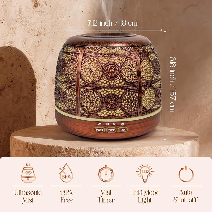 ARVIDSSON 500ml Essential Oil Diffuser, Metal Diffusers for Essential Oils, Aromatherapy Oil Diffuser for Large Room, Color Changing Mood Light & Mist Timer Setting, Gift for Women