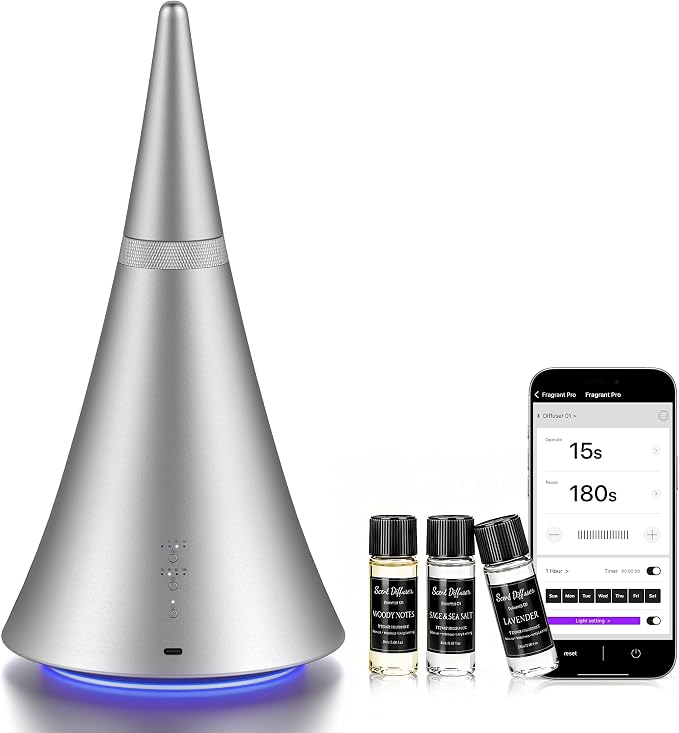 Waterless Diffuser, 2000 Sq.Ft Coverage，Essential Oil Diffuser with Bluetooth App Remote Control, Adjustable Mist Mode, Timer, Mood Lights Aromatherapy Diffuser for Home, Office, Hotel