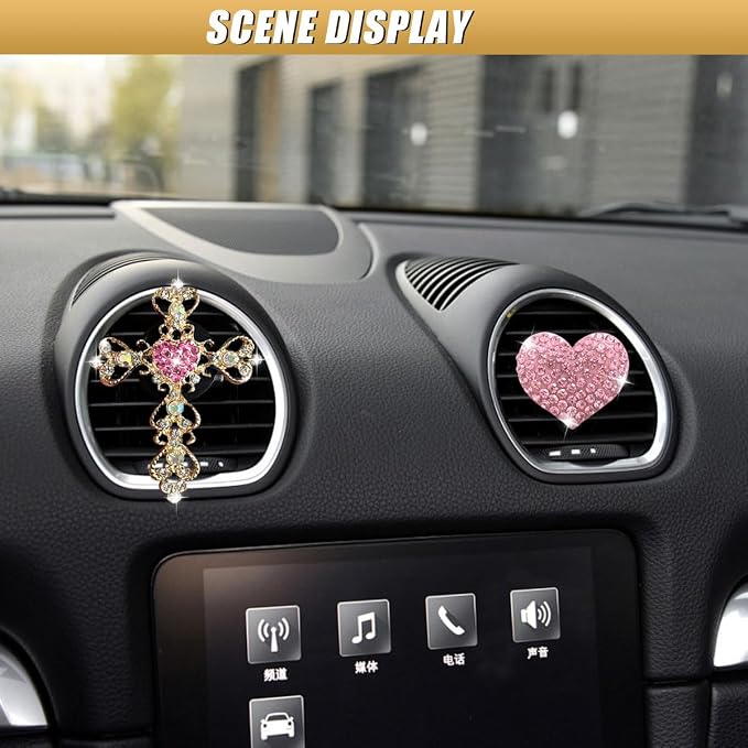 2PCS Bling Cross & Heart Car Dashboard Air Vent Trim Clip, Sparkly Rhinestone Car Air Vent Clips, Diamond Auto Diffuser Charm Clip, Auto Interior Decoration Accessory for Women Girls (Pink)