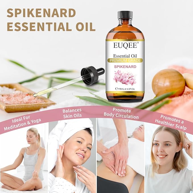 EUQEE Spikenard Essential Oil 118ml/4Fl Oz Spikenard Oil Premium Essential Oil with Glass Dropper Great for Yoga, Meditation, Massage, Diffuser, DIY Soap, Candle Making, Aromatherapy, Sleep