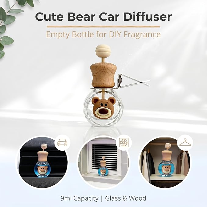 2 Pack Bear Refillable Car Vent Clip Diffuser Empty Glass Bottle | Wood lid aroma bottle with dropper, holds essential oils for car wardrobe home bathroom use
