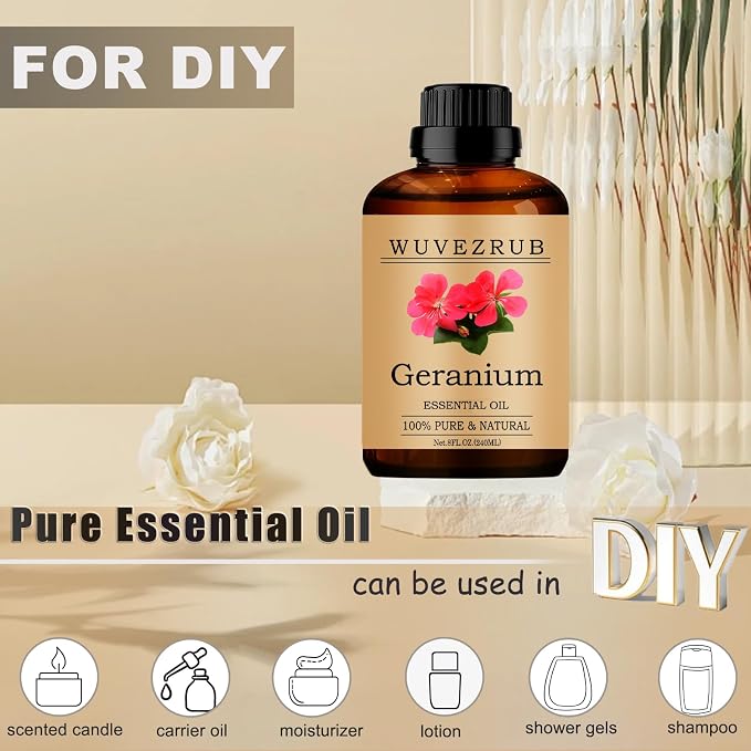 Geranium Essential Oils, 240ML Pure and Natural Essential Oil for Aromatherapy Diffuser - Geranium /8 Fl Oz