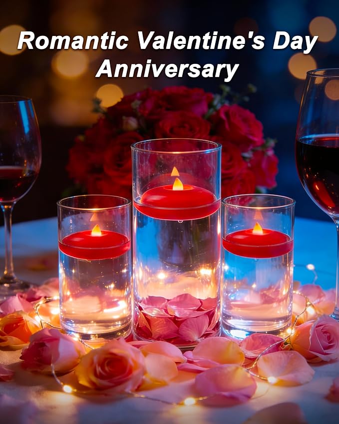 Homemory 12 Pack 3” Flameless Led Floating Candles, 200 Hour Red Battery Operate Waterproof Tealights for Cylinder Vases, Centerpieces at Wedding Decor, Party, Pool