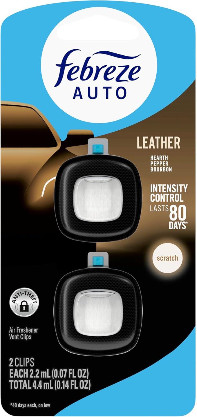 Febreze AUTO Air Freshener, Odor-Fighting Automotive Vent Clip, Scented Car Accessories, Long Lasting for Strong Odors, Leather, 2 Count
