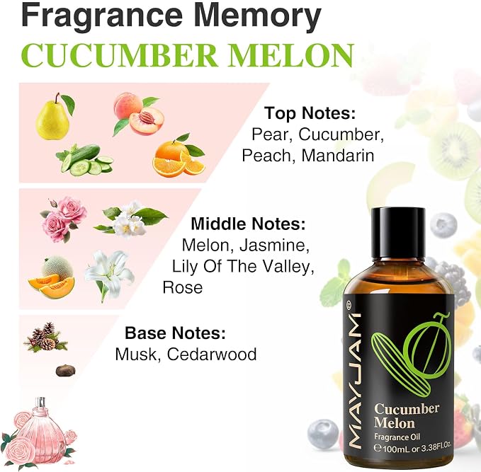 MAYJAM 100ML/3.38FL.OZ Cucumber Melon Fragrance Oils with Glass Dropper, Essential Oils for Diffusers for Home, Long Lasting Scented Oils for Diffusers Soap Candle Making