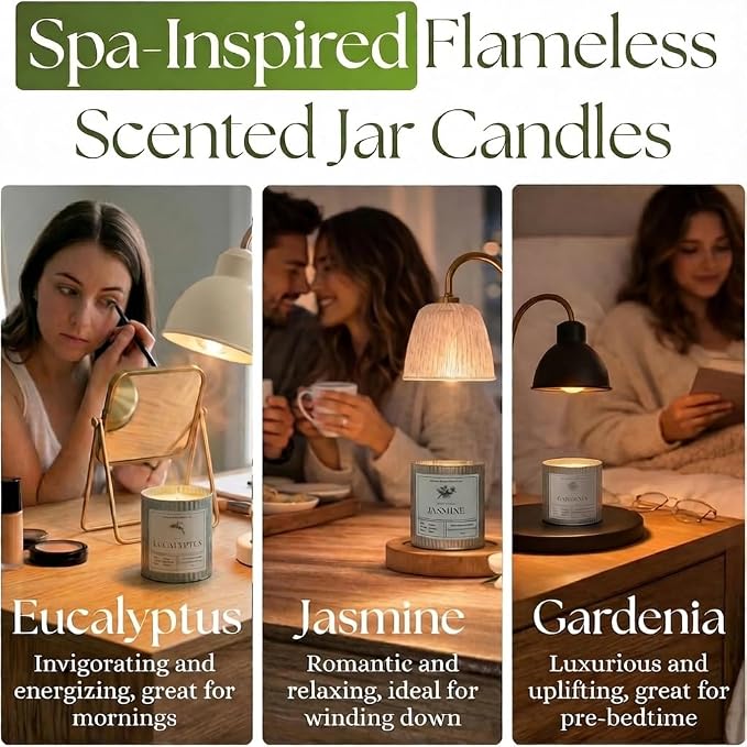 Dough Bowl Candle Co. Wickless Candles for Candle Warmer Lamp - Set of 3 Jar Candles for Warmer Lamp, Wax Melts Strong Scent in Eucalyptus, Gardenia, Jasmine, Flameless No Wick Scented 100% Soy Wax
