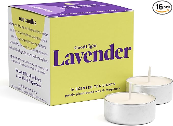 GoodLight Scented Vegan and Paraffin-Free Tea Light Candles (16 Count, Lavender)