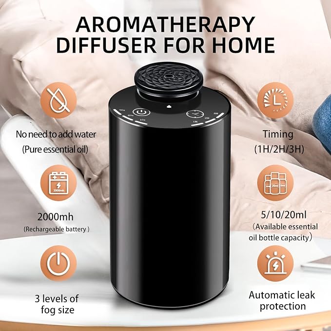 Waterless Essential Oil Diffuser - Cordless Portable Aromatherapy Scent Diffuser for Home, Car & Travel, USB Rechargeable with Timer & Mood Light, Perfect Bedroom, Office, Gift Idea