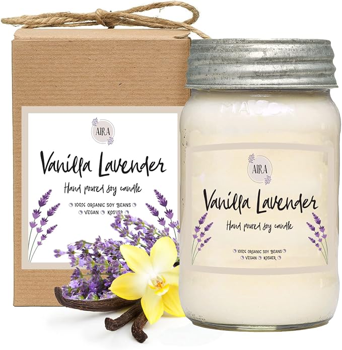 Aira Soy Candles - Organic, Kosher, Vegan, in Mason Jar w/Therapeutic Grade Essential Oil Blends - Hand-Poured 100% Soy Candle Wax - Paraffin Free, Burns 110+ Hours -Vanilla Lavender Scent -16 Ounces