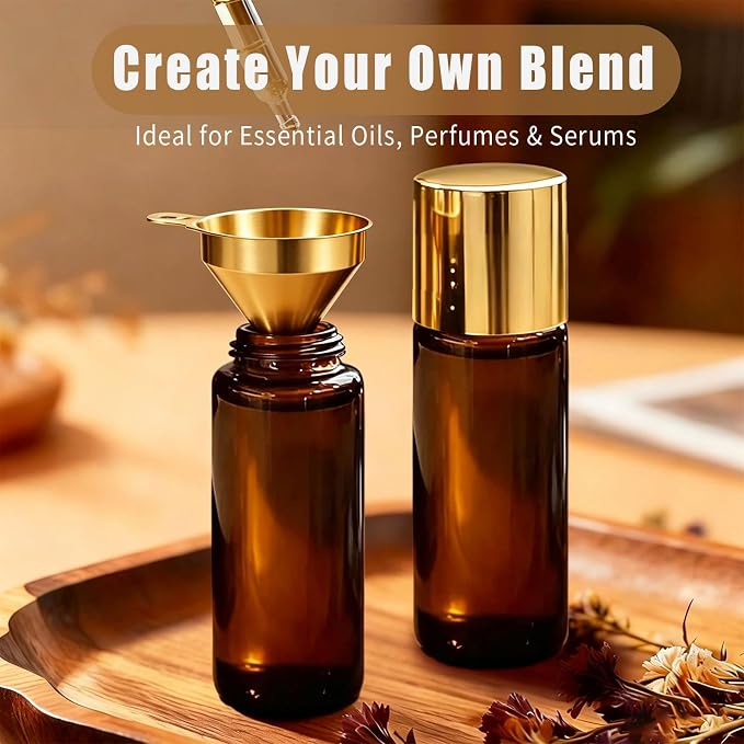 Rose Quartz Roller Bottles for Essential Oils, 50ml Refillable Amber Glass Roll On Bottles with Natural Crystal Roller Balls, Leak-Proof Travel Perfume Bottle with Gold Caps
