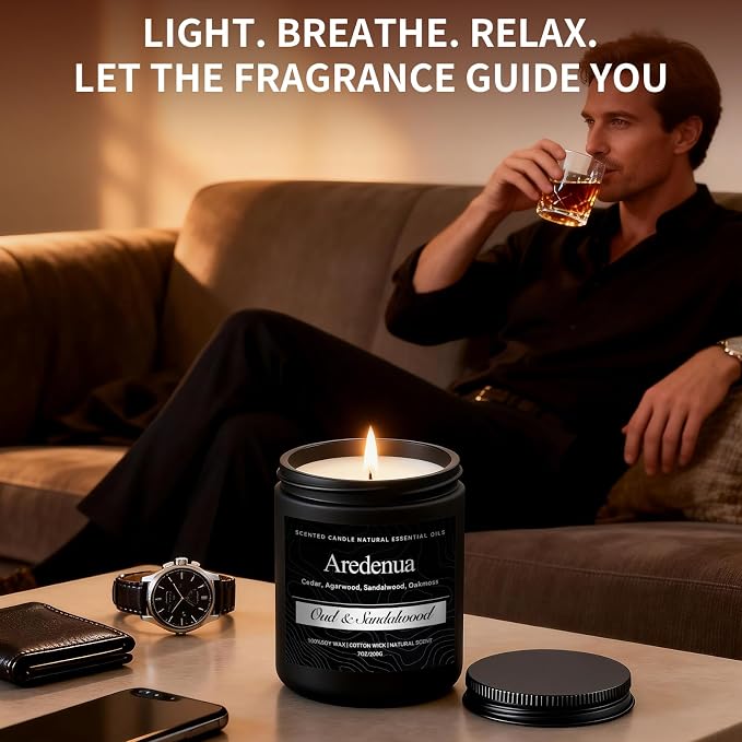 Oud & Sandalwood Candle for Meditation - Luxury Soy Candle for Home, Long Lasting Woody Aroma for Stress Relief & Calm, Hand Poured Scented Candle for Men & Women - Elegant Minimalist Home Decor
