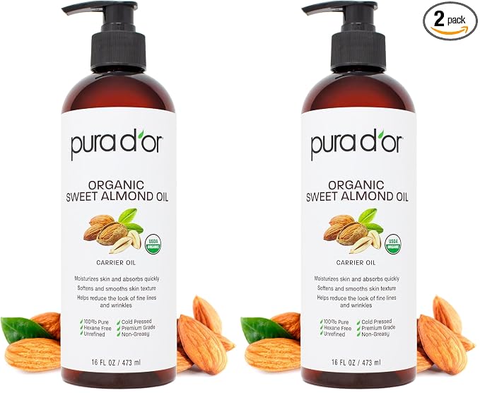 PURA D'OR 16 Oz ORGANIC Sweet Almond Oil-100% Pure&Natural USDA Certified Cold Pressed Carrier Oil For DIY Beauty-Non-Greasy,Unscented,Hexane Free Moisturizer-Massage-Oil For Hair&Skin,(Pack of 2)