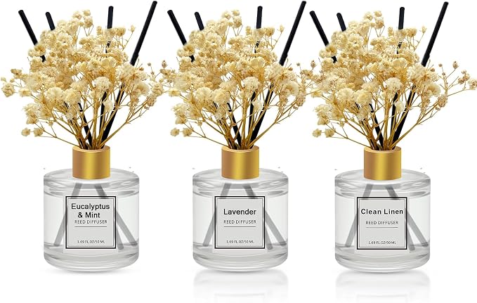 Reed Diffuser Set of 3 Pack,Scented Oil Diffuser with 4 Sticks,Reed Diffusers for Home,Living Room,Bathroom Air Freshener Diffuser,50ml x 3 (Eucalyptus & Mint/Lavender/Clean Linen)