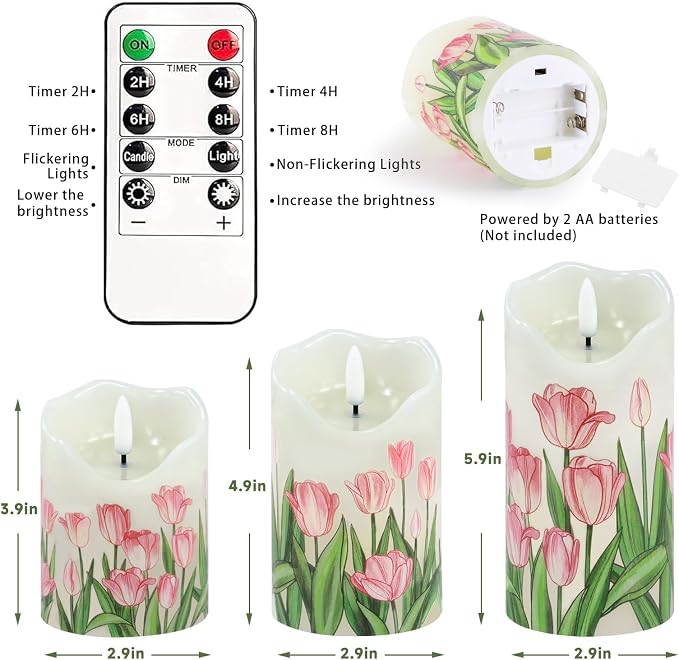VEEKI Flameless Candles Light, Set of 3 Flickering Tulip Pillar Candles with Remote & Timer, Dimmable Real Wax Electric LED Candles Battery Operated, Mother's Day Birthday Gift for Mom Grandma Women