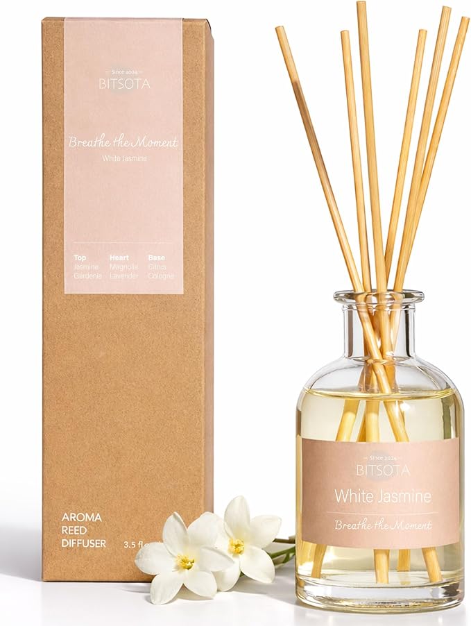 Natural Reed Diffuser Set, White Jasmine 3.52 oz (100ml) Scented Diffuser with Sticks Home Fragrance Reed Diffuser for Bathroom Shelf Decor, Ideal Gift for Woman