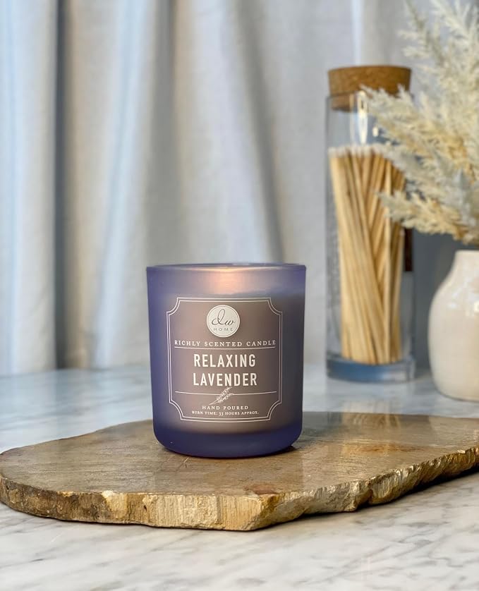 DW Home Relaxing Lavender Scented Candle Hand Poured Into a Frosted Heavy Glass Jar 15 Ounces with Two Wicks by DW Home
