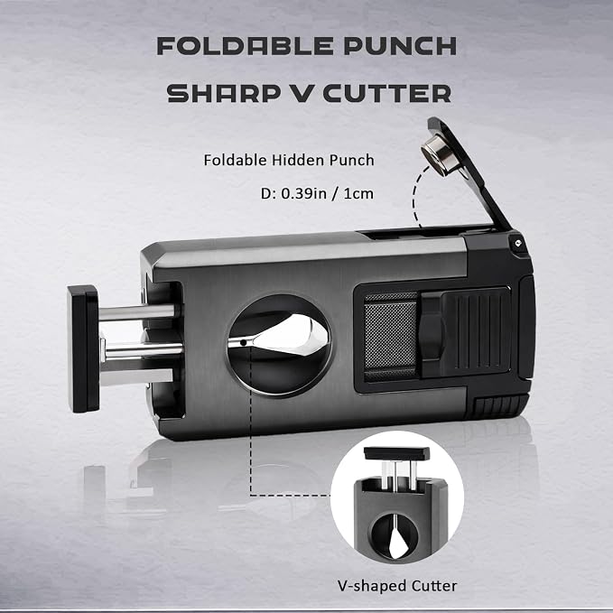 5-in-1 Dual Jet Flame Butane Torch Lighter Built-in V Cutter, Punch, Holder, Draw Enhancer Tool, Windproof Refillable Butane Lighter Gift for Men, Cool Lighters for Candle, Outdoor (No Gas)