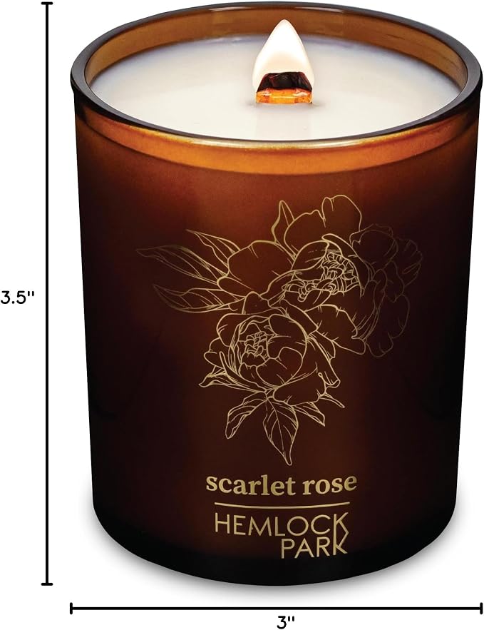 Hemlock Park Scarlet Rose Amber & Gold Scented Candle | Crackling Wood Wick, Botanical Fragrance & Coconut Apricot Wax | Up to 50 Hour Burn Time | 7.2 oz | Made in USA