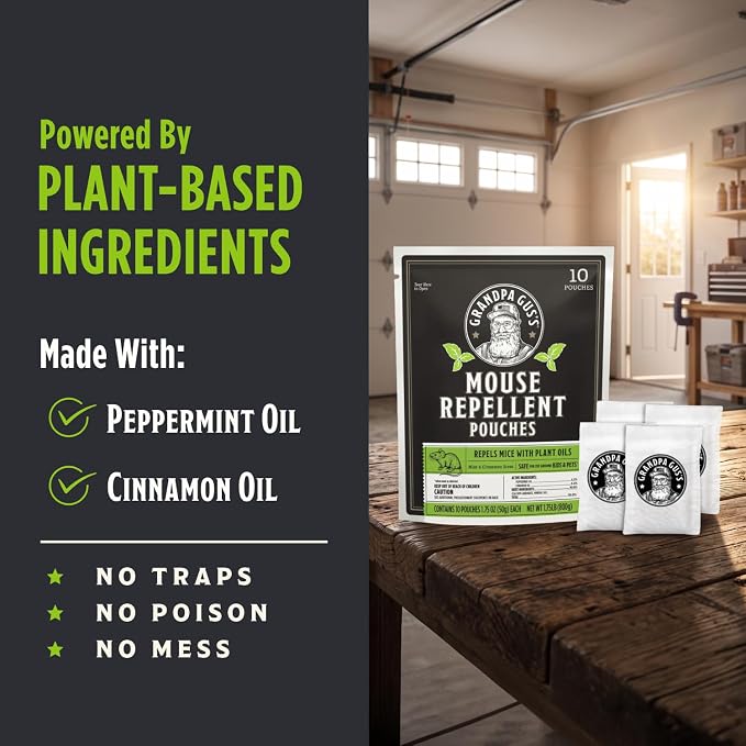 Grandpa Gus's Natural Mouse Repellent Pouches, Cinnamon/Peppermint Oils Repel Mice from Nesting in Home/Cabin/Boat/Car Storage/RV/Machinery/Shed (10 Pouches)