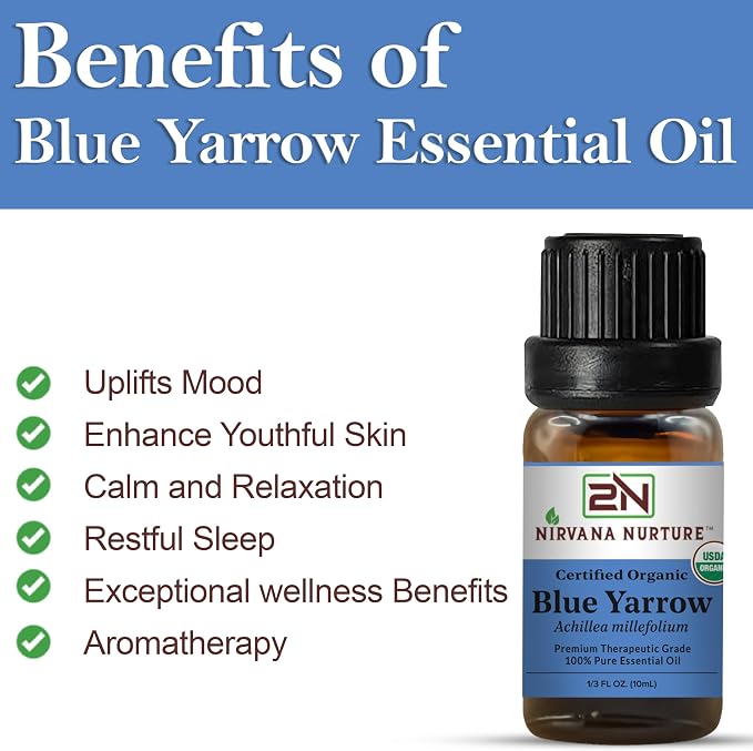 Blue Yarrow Essential Oil, USDA Certified Organic, 100% Pure Undiluted, Aromatherapy Oil for Diffuser, Hair & Skin Care