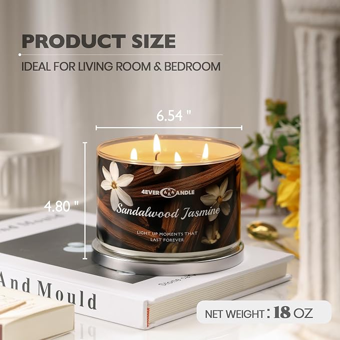 4EVER Scented Candles | 4-Wick 18oz Soy Wax Candle | Up to 50Hrs Clean Burn | Aromatherapy Candles for Home Scented | Gifts for Women & Mom, Sandalwood Jasmine