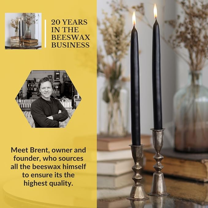 Big Dipper Wax Works Black Hand-Dipped Beeswax Taper Candles – 12” x 7/8”, 2-Pack, 100% Pure Beeswax, Long Burning, Clean, Cotton Wick, Handmade in USA, Home Décor & Wedding Candles