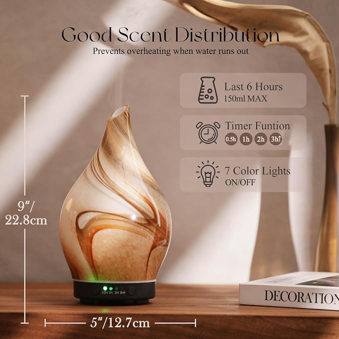 Porseme 150ml Essential Oil Diffuser Glass Color Changing Aroma Air Diffusers Aromatherapy Ultrasonic Cool Mist Humidifier 6 Running Hours Waterless Auto-Off for Sleeping Yoga Office Spa (Jupiter)