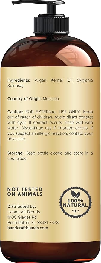 Handcraft Blends Moroccan Argan Oil - 16 Fl Oz - 100% Pure and Natural - Premium Grade Carrier Oil for Skin and Hair - Hair and Body - Massage - Cold-Pressed