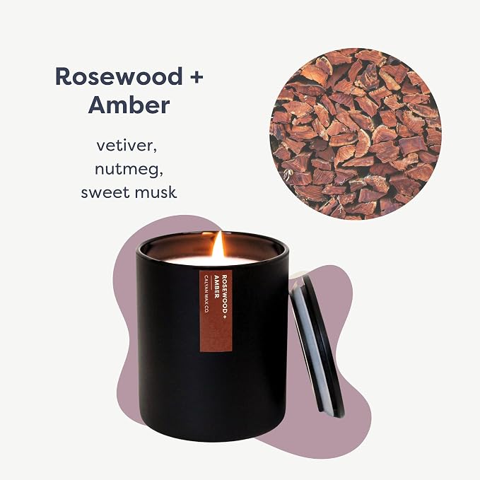 Calyan Wax Co. Rosewood & Amber Scented Candle - 75 Hour Burn - Luxury Clean Soy Wax Candles - Long Lasting Black Tumbler Jar Candle for Home - 10.2oz