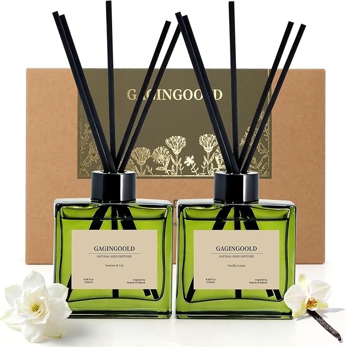 Reed Diffuser Set of 2, 4 fl oz Jasmine Lily & Vanilla Cream Scent Diffuser with 20 Sticks, 180 Days Long Lasting Elegant Home Fragrance for Bathroom Bedroom Office Decor Air Fresh