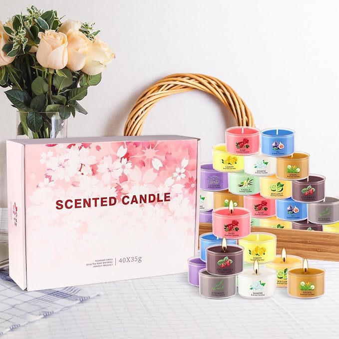 40 Pack Scented Candle Set, 10 Fragrances, 35g Natural Soy Wax Candles with Smokeless Cotton Wicks, Ideal for Home Decor, Yoga, Meditation, Spa & Gifting.Mother's Day