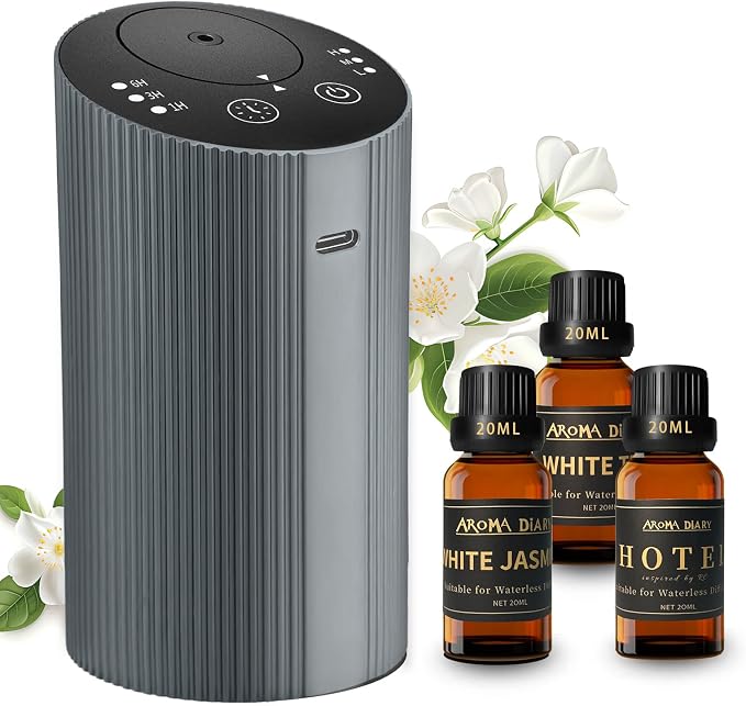 Waterless Essential Oil Diffuser Starter Kit for Home Car Office, Small Scent Diffuser with 60mL Fragrance Oil, Battery Operated, Portable Aromatherapy Diffuser Machine，Silvergrey with Hotel Scent