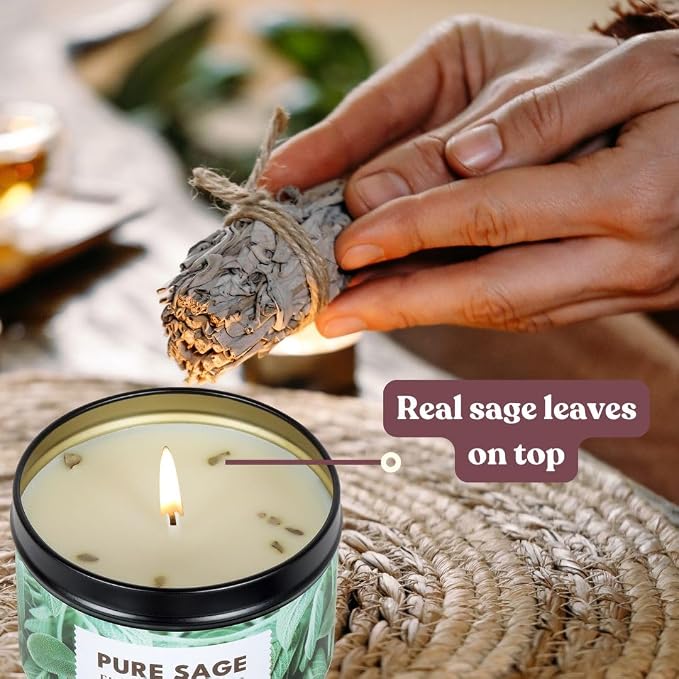 Premium Sage Candle for Cleansing – Natural Soy Wax, Cotton Wick, Paraben and Phthalate Free Scent, Non Toxic, Clean Scented Candles for New Home, Smudging, House Negative Energy Protection, 6oz