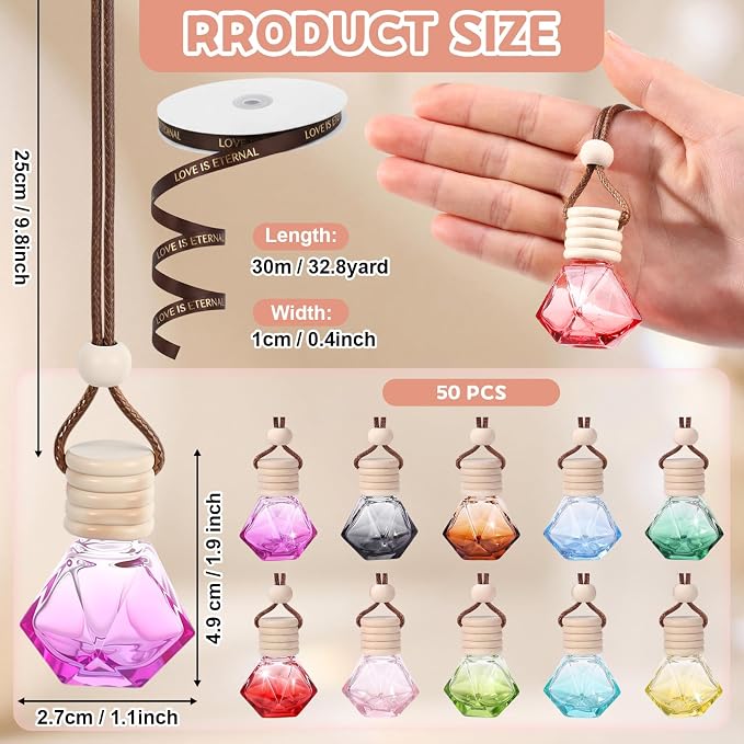 Mudder 50 Pcs Gradient Hanging Car Air Freshener Car Diffuser Bottle Pendant Empty Glass Perfume Bottle for Essential Oil Fragrance Aromatherapy Ornament Wedding Employee Gifts(Rhombus,Colorful)