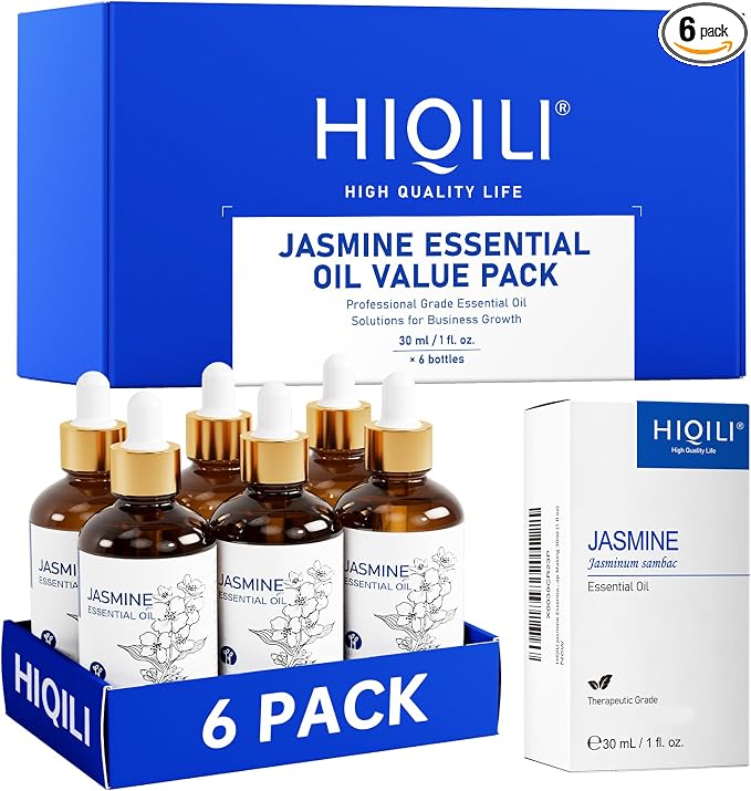 HIQILI Jasmine Essential Oil Set - 1 fl oz (6 Pack), Bulk Wholesale for Business, Skincare & Diffusing & DIY, for Spa & Sauna, Hotels & Homestays, Beauty Salons, Gift & Home Use