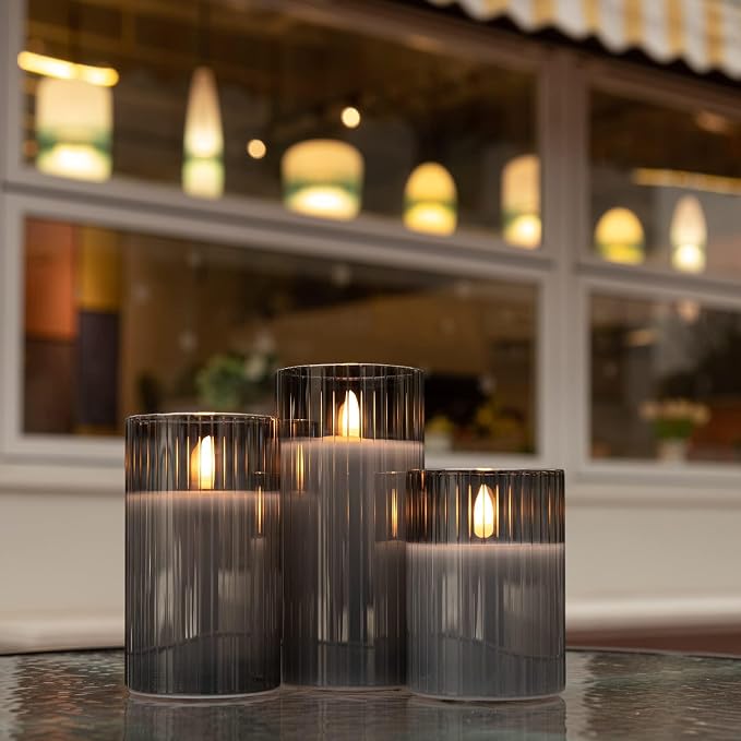 ANGELLOONG Gray Flameless Candles with Remote, Battery Operated LED Pillar Candle Set with Timer, Ribbed Glass Real Wax Flickering Candles for Home Decor, Set of 3