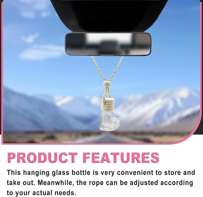 5 pcs Car Hanging Empty Glass Perfume Bottles Pendant Bottle, DIY Air Freshener Pendant, Empty Clear Glass Essential Diffuser Oil Aromatherapy, Glass Bottle Decor (Heart Shape)