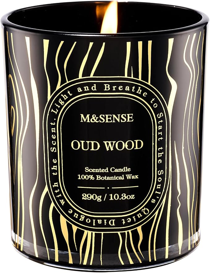 M&SENSE Oud Wood Soy Candle, 55H Long Burning Gift | Clean Soy Wax Slow Burn, Date Night Luxe Feel, Relax Calm Home Fragrance, Reusable Golden Stamped Keepsake Jar